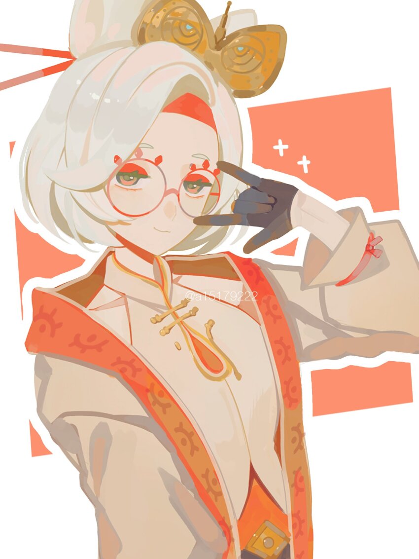 1girl a15179222 black_gloves breasts closed_mouth eyeshadow eyewear_on_head glasses gloves hair_bun hair_ornament hair_stick headband highres looking_at_viewer makeup nintendo purah red-framed_eyewear red_eyes red_eyeshadow red_headband round_eyewear sheikah short_hair smile solo the_legend_of_zelda the_legend_of_zelda:_tears_of_the_kingdom updo upper_body white_hair