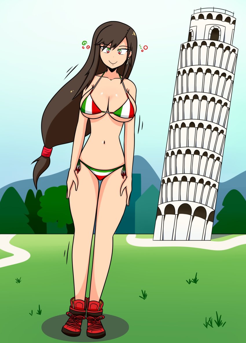 1girl 20s arms_at_sides bikini blue_sky boots breasts brown_hair building cleavage collarbone day earrings female_focus final_fantasy final_fantasy_vii final_fantasy_vii_remake full_body grass green_eyes hair_over_one_eye highres hypnosis italian_flag italian_flag_bikini italian_senate_porn_livestream_(meme) jewelry large_breasts leaning leaning_to_the_side leaning_tower_of_pisa long_hair looking_at_viewer low-tied_long_hair meme micro_bikini midriff mind_control mountain multicolored_eyes navel outdoors red_boots red_eyes ringed_eyes shadow side-tie_bikini_bottom sky smile solo sortish-kinda square_enix standing straight_hair swimsuit tifa_lockhart tower tree underboob very_long_hair white_eyes