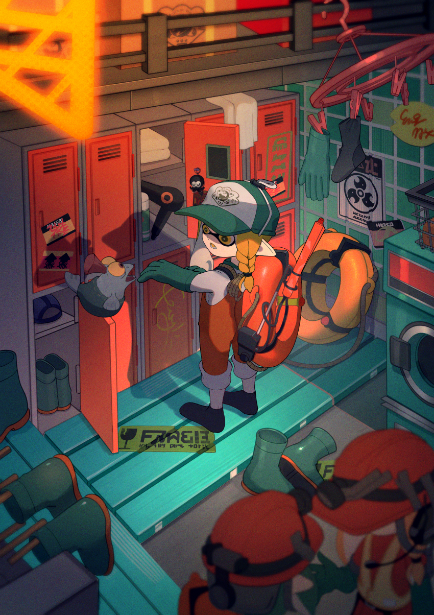 1girl 2others absurdres baseball_cap blinking blonde_hair blue_hat boots braid charm_(object) clothes_hanger full_body gloves green_gloves green_hat hair_dryer hat helmet highres inkling inkling_girl inkling_player_character laundry_basket lifebuoy locker locker_room long_hair looking_at_animal mining_helmet multiple_others nintendo nodding okaranko orange_helmet orange_overalls overalls pointy_ears poster_(object) print_headwear rubber_boots rubber_gloves salmon_run_(splatoon) shirt single_braid smallfry_(splatoon) socks splatoon_(series) splatoon_3 standing sticker swim_ring talking tentacle_hair towel unworn_boots unworn_clothes unworn_gloves unworn_hat unworn_headwear washing_machine white_shirt white_socks yellow_eyes
