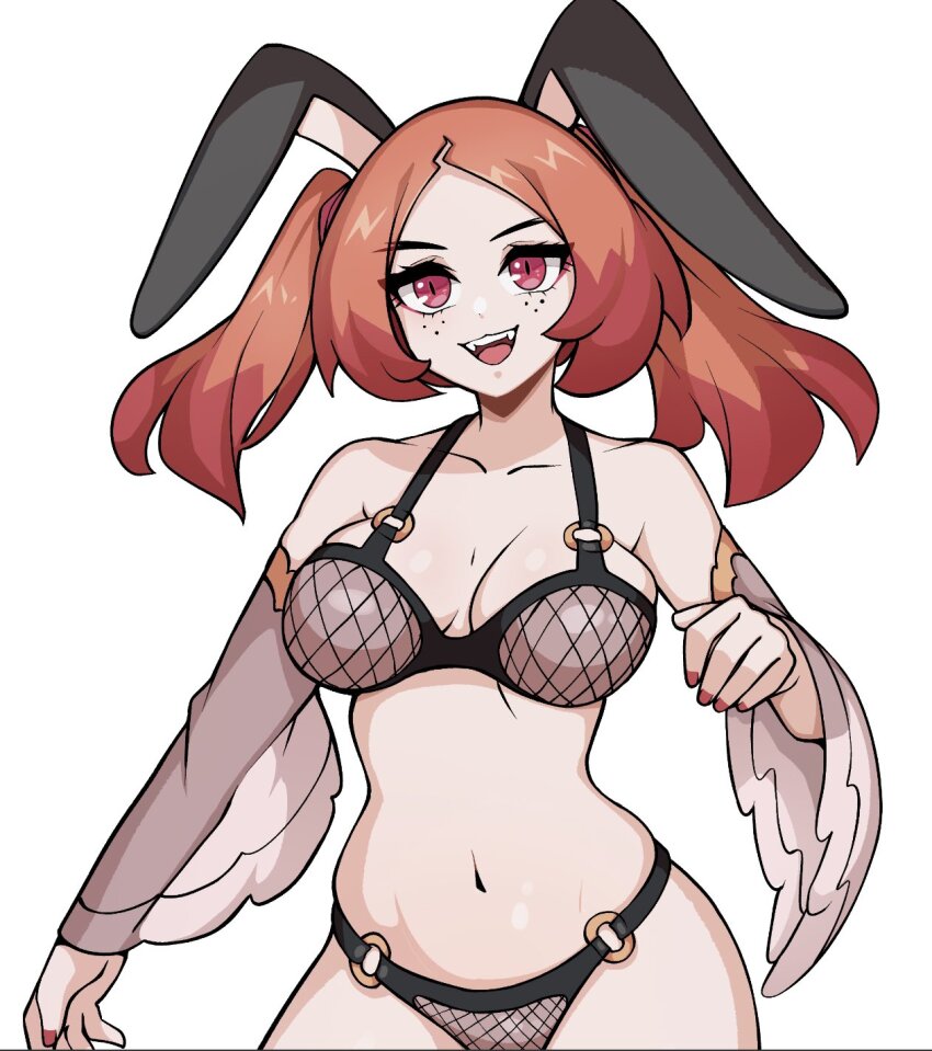 1girl animal_ears bare_shoulders bra breasts commentary cowboy_shot detached_sleeves english_commentary fake_animal_ears fishnet_bra fishnet_panties freckles grey_bra grey_panties hand_up highres looking_at_viewer medium_breasts medium_hair oninuer open_mouth orange_hair original panties rabbit_ears red_eyes simple_background slit_pupils smile solo stomach twintails underwear underwear_only white_background