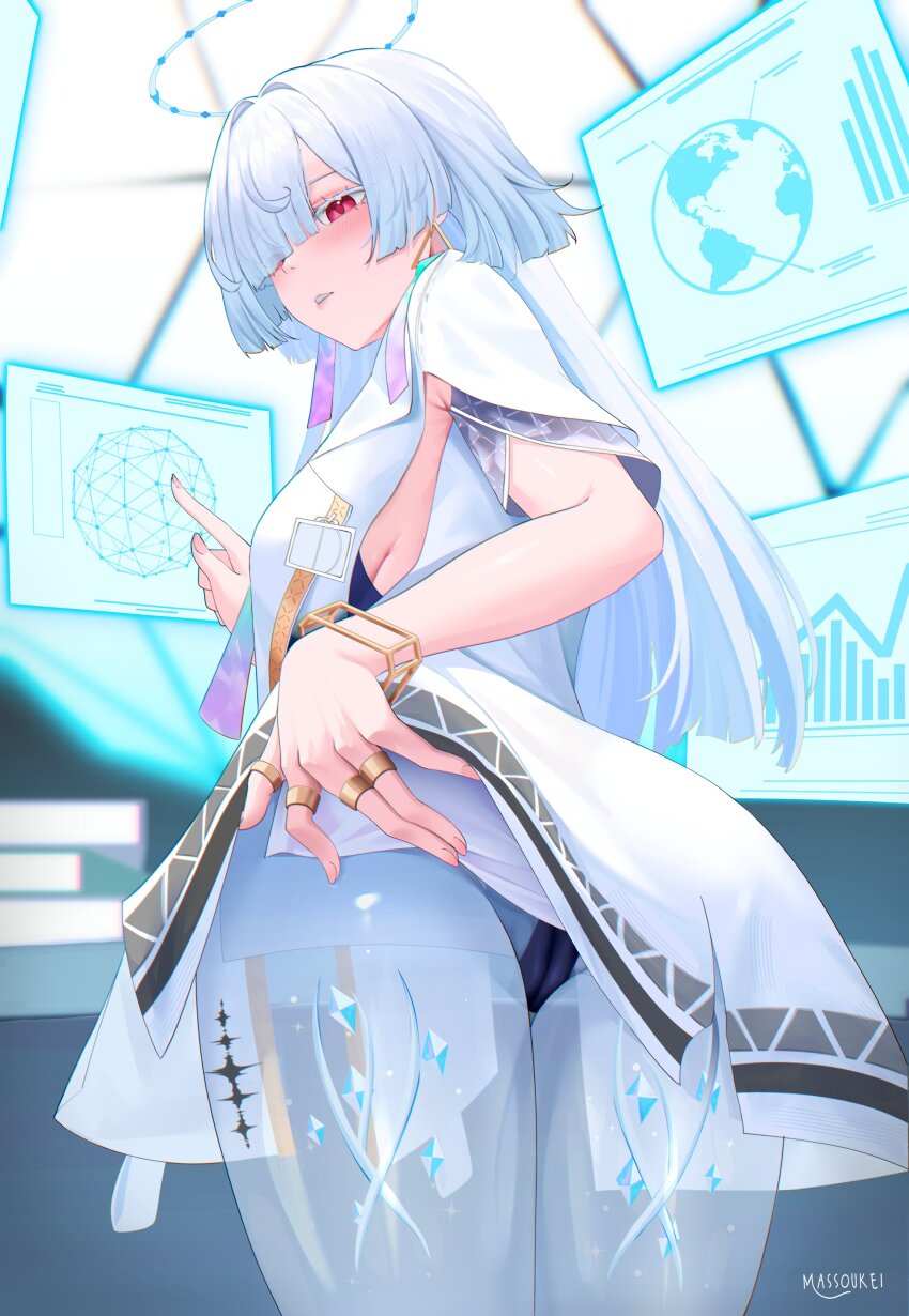 1girl absurdres artist_name blush breasts cameltoe colored_eyelashes commentary dress earrings english_commentary eyes_visible_through_hair fingernails from_behind hair_over_one_eye halo highres holographic_interface id_card jacket jewelry leaning_forward looking_at_viewer looking_back massoukei medium_breasts meme mornye_(wuthering_waves) multiple_rings parted_lips purple_dress red_eyes ring see-through_body short_dress solo thighs triangle_earrings white_jacket wilhelmina_stretch_(meme) wuthering_waves