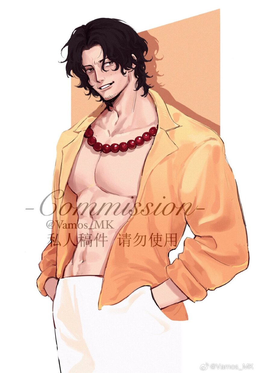 1boy abs adam&#039;s_apple bead_necklace beads black_hair drop_shadow facial_hair goatee hands_in_pockets highres jewelry long_sleeves looking_at_viewer male_focus navel necklace one_piece open_clothes open_shirt parted_lips pectorals portgas_d._ace short_hair solo toned toned_male vamos_mk