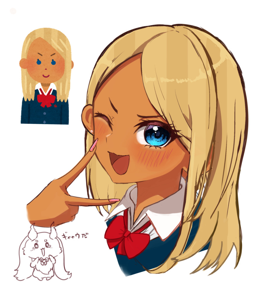 1girl ;d blonde_hair blue_eyes bow gyaru highres irasutoya irasutoya_challenge looking_at_viewer nail_polish neginukinegitoro one_eye_closed open_mouth red_bow simple_background smile upper_body white_background