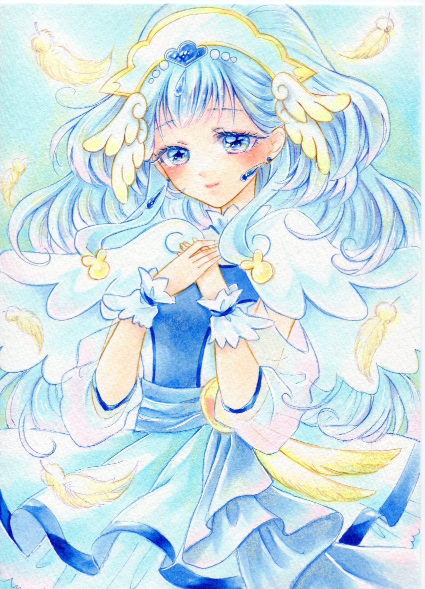 1girl absurdres amu_(m_aa) blue_dress blue_eyes blue_hair cure_ange dress eyelashes falling_feathers feathers hands_on_own_chest highres hugtto!_precure long_hair looking_at_viewer marker_(medium) precure see-through_clothes see-through_sleeves smile solo traditional_media very_long_hair winged_hat wrist_cuffs