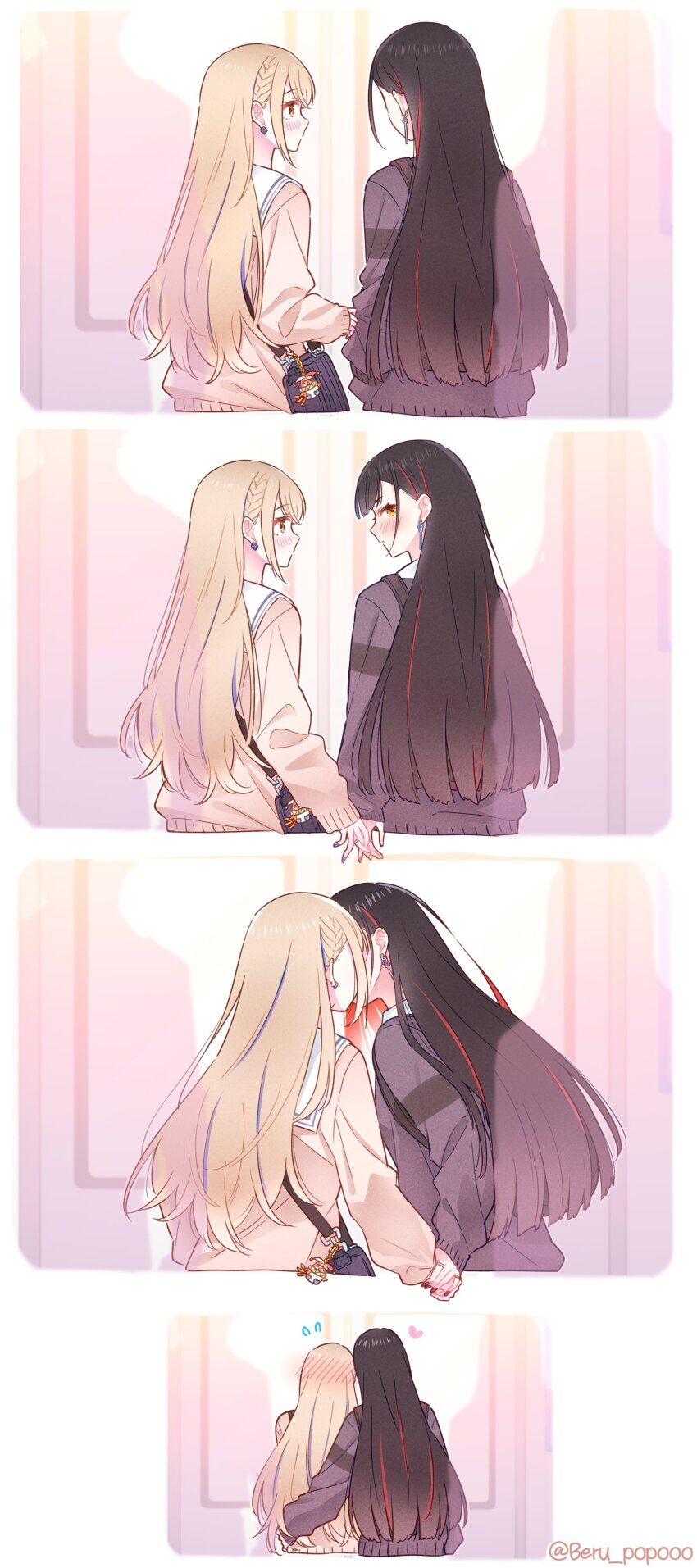 2girls absurdres azusawa_kohane beru_popooo black_hair blonde_hair blue_bag blue_hair blue_nails blush braid brown_cardigan cardigan closed_mouth couple ear_blush earrings embarrassed grey_cardigan highres interlocked_fingers jewelry kamiyama_high_school_uniform_(project_sekai) kiss long_hair long_sleeves miyamasuzaka_girls&#039;_academy_school_uniform multicolored_hair multiple_girls multiple_rings nail_polish official_alternate_costume official_alternate_hair_length official_alternate_hairstyle project_sekai red_hair red_nails ring sailor_collar school_uniform serafuku shiraishi_an simple_background streaked_hair whip_the_wimp_girl!!_(project_sekai) white_background white_sailor_collar yellow_eyes yuri