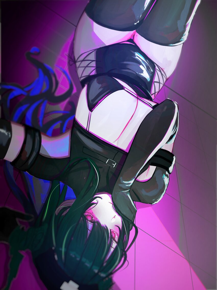 1girl absurdres bikini black_bikini black_hair black_thighhighs blue_hair blush breasts demon_horns highres hololive hololive_english horns large_breasts leg_up long_hair lying mole mole_under_eye multicolored_hair nerissa_ravencroft on_back purple_eyes soju_ice solo swimsuit thighhighs two-tone_hair upside-down virtual_youtuber