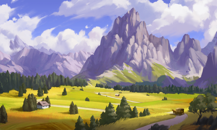 blue_sky building carriage chiaku cloud cloudy_sky commentary_request day grass highres horse house mountain no_humans original outdoors road rural scenery sky tarpaulin tree