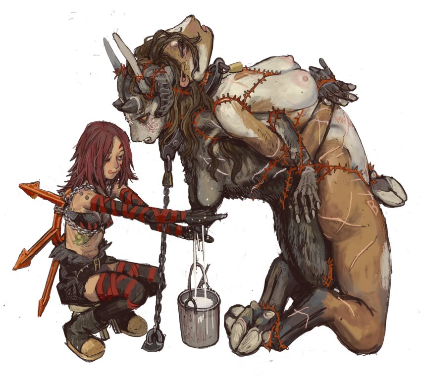 3girls animal_nose barbed_wire bell belt boots bound bound_ankles bound_together bound_torso bound_wrists bra breasts chain chaos_(warhammer) claws cow_girl cowbell crying cultist-chan elbow_gloves gloves goat_girl highres hooves horns lactation licking_lips monster_girl mossacannibalis multiple_girls nurgle_(symbol) one_eye_closed red_hair scar slave_brand spiked_hair tattoo thighhighs tongue tongue_out underwear warhammer_40k