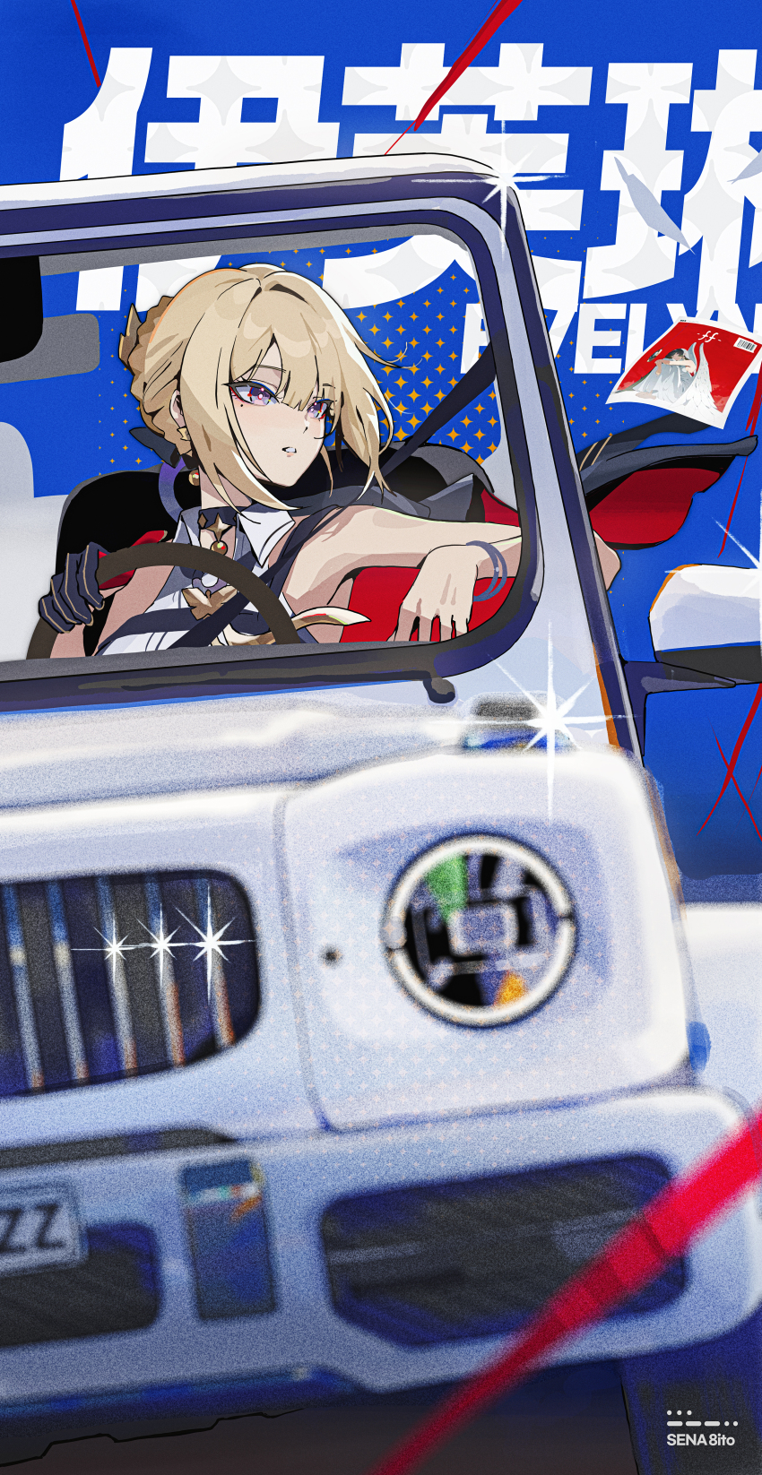 1girl absurdres astra_yao black_gloves blonde_hair blush bracelet crop_top driving earrings evelyn_chevalier gloves hair_between_eyes hair_bun highres jewelry looking_to_the_side mercedes-benz mercedes-benz_g-class mole mole_under_eye motor_vehicle necktie parted_lips purple_eyes sena_8ito sidelocks single_glove sleeveless solo steering_wheel yellow_necktie zenless_zone_zero