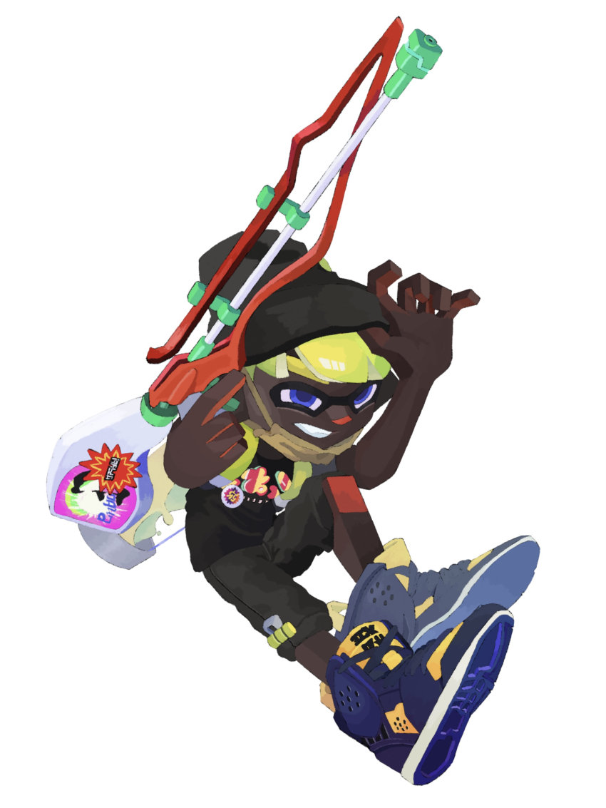 1boy absurdres badge beanie black_hat black_shirt black_shorts blonde_hair blue_eyes button_badge dark-skinned_male dark_skin full_body grin hat highres holding hyper_chikuwabu ink_tank_(splatoon) inkling inkling_boy inkling_player_character male_focus mask mouth_mask nintendo shirt shoes short_hair shorts simple_background smile sneakers solo splatoon_(series) squiffer_(splatoon) teeth tentacle_hair very_dark_skin white_background