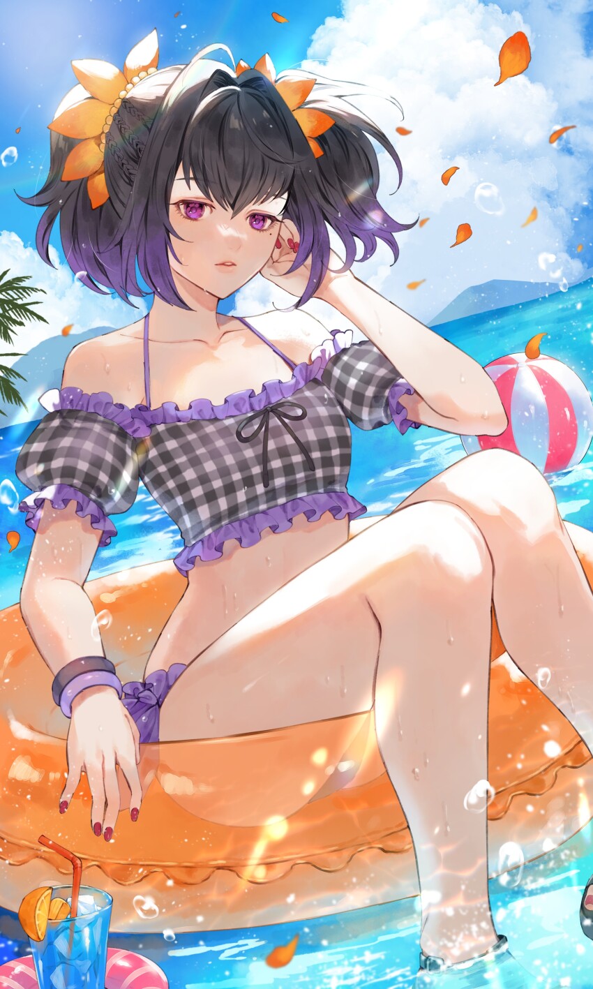 1girl absurdres ball beachball bikini black_sandals blue_sky bracelet braid commission drink drinking_straw flower glass gradient_hair hair_flower hair_ornament highres innertube jewelry looking_at_viewer mole mole_under_eye mountain multicolored_hair nail_polish ocean off-shoulder_bikini off_shoulder official_alternate_costume orange_innertube parted_lips petals pink_innertube purple_eyes purple_hair red_nails sandals sky solo summer swim_ring swimsuit symonne_(shade_girl)_(tales) symonne_(tales) tales_of_(series) tales_of_asteria tales_of_the_rays tales_of_zestiria toenail_polish toenails transparent_innertube twintails water wawatiku