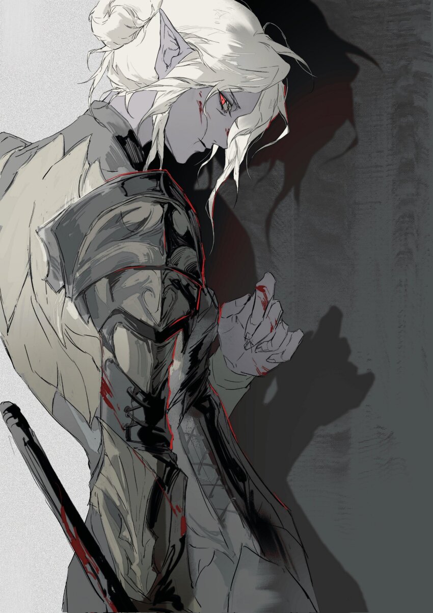 1girl armor baldur&#039;s_gate baldur&#039;s_gate_3 blood blood_on_face blood_on_hands bloody_weapon breastplate colored_eyelashes colored_skin commentary cowboy_shot dark_elf drop_shadow elf from_side grey_background grey_skin hair_bun highres holding holding_weapon jiao_chang looking_back minthara pauldrons pointy_ears profile red_eyes serious short_hair shoulder_armor sideways_glance single_hair_bun solo standing weapon white_hair