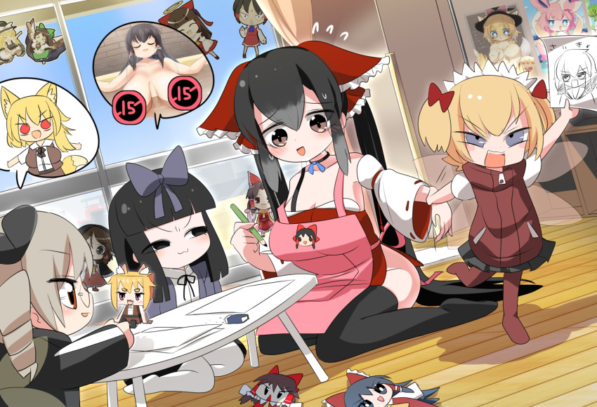 4girls :3 apron benikurage_(cookie) black_eyes black_hair black_jacket black_ribbon black_skirt blonde_hair blush bow breasts cleavage closed_mouth collared_shirt commentary_request cookie_(touhou) dress drill_hair eraser fairy_wings full_body gen_6_pokemon glasses gradient_hair grey_eyes grey_hair hair_bow hakurei_reimu highres hime_cut holding holding_hands holding_pencil hotaruda_(cookie) indoors jacket kanna_(cookie) kirisame_marisa large_breasts lets0020 long_hair low_twintails luna_child meguru_(cookie) miniskirt miramikaru_riran mochiya_(cookie) multicolored_hair multiple_girls nadeko_(cookie) neck_ribbon nintendo nyon_(cookie) open_clothes open_jacket open_mouth panties pantyhose pencil pink_apron pokemon purple_bow purple_jacket red_bow red_dress red_pantyhose red_sweater_vest reiuji_utsuho ribbon riran_youkyu sakenomi_(cookie) shiriri_(cookie) shiriri_saikyo shirt short_hair shunga_youkyu skirt sleeveless sleeveless_dress smile star_sapphire sunny_milk sweater_vest sylveon table togashi_(cookie) touhou twin_drills twintails two_side_up underwear uzuki_(cookie) very_long_hair white_panties white_shirt wings yamasaka_aimi yuyusu_(cookie)