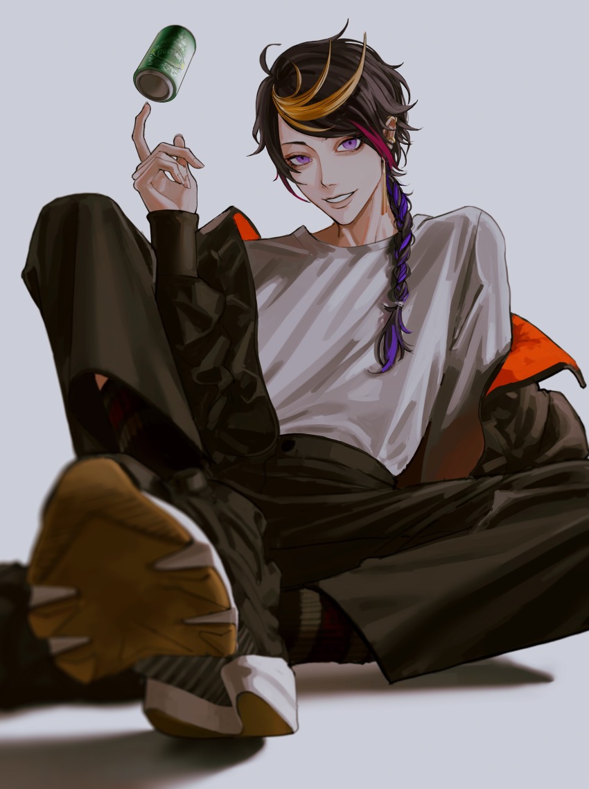 1boy absurdres ahoge arm_support black_hair black_jacket black_pants black_shoes black_socks blonde_hair braid can commentary_request drink earrings full_body hair_over_shoulder hand_up highres iamthekingofegg jacket jewelry long_hair long_sleeves looking_at_viewer male_focus multicolored_hair nijisanji nijisanji_en open_clothes open_jacket pants parted_lips pink_hair purple_eyes purple_hair reebok reebok_pump shirt shoes shu_yamino side_braid sidelocks simple_background single_braid single_earring sitting smile sneakers socks solo streaked_hair swept_bangs virtual_youtuber white_background white_shirt