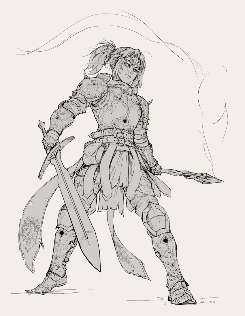 1girl alpyro armor artist_name belt belt_buckle belt_pouch buckle casting_spell commentary cuirass cuisses dragon_print elden_ring english_commentary full_body gauntlets greaves high_ponytail highres holding holding_sword holding_wand holding_weapon legs_apart lineart magic monochrome pauldrons poleyn ponytail pouch rerebrace revision sabaton scar scar_on_face short_hair shoulder_armor shoulder_spikes solo spiked_armor spiked_pauldrons spikes standing sword tarnished_(elden_ring) wand weapon