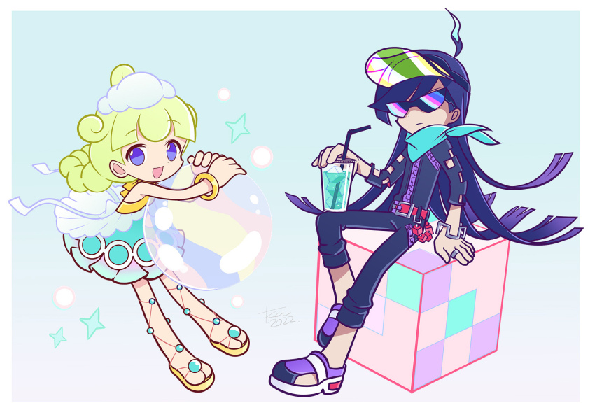 1boy 1girl :d adapted_costume ahoge alternate_costume aqua_bandana aqua_dress arm_at_side bandana bandana_around_neck belt wallet_chain black_jacket black_pants blue_background blue_hair border box bracelet burippoi closed_mouth clothing_cutout cup dark_blue_hair dated deformed disposable_cup dot_nose double-parted_bangs dress drink drinking_straw expressionless floating_hair full_body fur_hat gradient_background gradient_hair green_hair halterneck hand_rest hand_up hands_up happy hat holding holding_drink hugging_object jacket jewelry knee_up leglet long_hair looking_at_viewer marle_(puyopuyo) mini_hat multicolored_footwear multicolored_hair no_pupils office official_alternate_hair_length official_alternate_hairstyle on_box open_mouth orb outside_border pants pants_rolled_up pink_belt pleated_dress purple_eyes purple_footwear purple_hair puyopuyo puyopuyo_tetris_2 raised_eyebrows ring sandals see-through_clothes see-through_headwear short_dress signature sitting smile squares_(puyopuyo) standing sunglasses swept_bangs three-quarter_sleeves very_long_hair visor_cap wavy_ahoge white_border white_footwear white_hat wind zipper