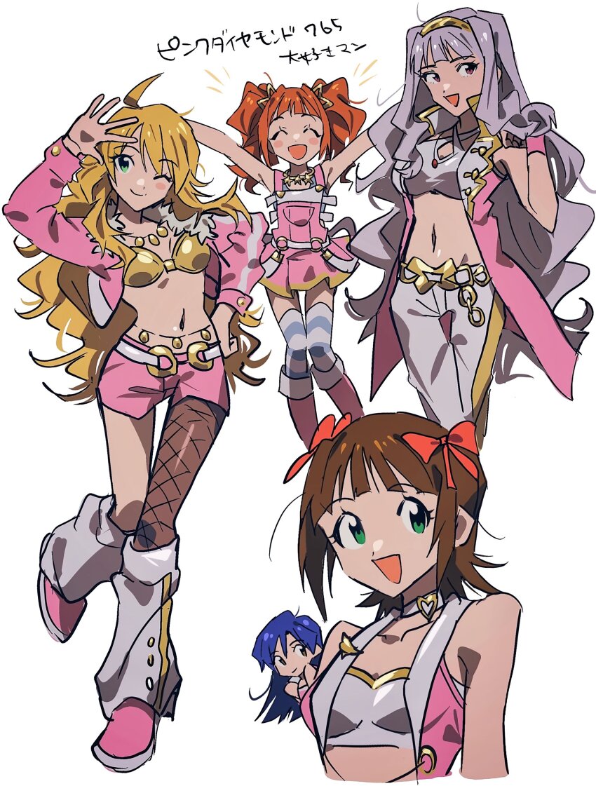 5girls :d ;d ^_^ absurdres ahoge amami_haruka arm_up armpits arms_up asymmetrical_legwear bare_shoulders belly_chain belt blonde_hair blue_hair blush boots bow breasts brown_eyes brown_hair chibi choker cleavage closed_eyes closed_mouth collarbone crop_top cropped_jacket cropped_shirt dot_nose dress fishnet_pantyhose fishnets flat_chest gold_belt gold_hairband green_eyes grey_hair grey_pants grey_shirt grgrton hair_bow hair_ribbon hairband hand_in_own_hair hand_on_own_hip hand_up heart heart_choker highres hoshii_miki idolmaster idolmaster_(classic) idolmaster_2 jacket jewelry kisaragi_chihaya knee_boots large_breasts leg_up long_hair long_sleeves looking_at_viewer luxury_(idolmaster) medium_breasts midriff mismatched_legwear multiple_girls navel necklace one_eye_closed open_clothes open_hand open_jacket open_mouth pants pantyhose pigeon-toed pink_boots pink_diamond_765_(idolmaster) pink_dress pink_jacket pink_shorts purple_eyes red_ribbon ribbon shijou_takane shirt short_hair shorts simple_background single_leg_pantyhose sleeveless sleeveless_dress sleeveless_jacket small_breasts smile standing standing_on_one_leg star_(symbol) star_necklace striped_clothes striped_thighhighs takatsuki_yayoi thighhighs twintails two-tone_footwear white_background white_belt white_choker