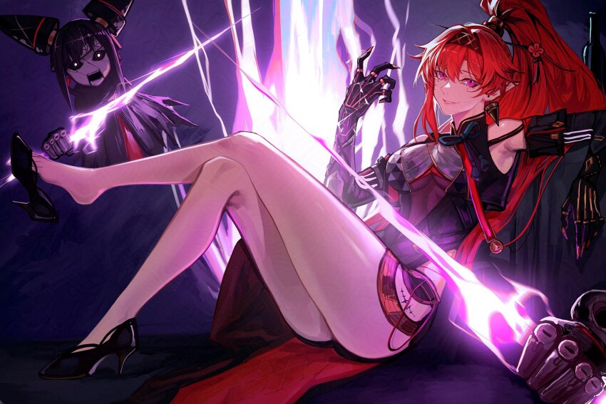 1girl bare_legs bare_shoulders black_bodysuit black_gloves black_hairband black_shoes bodysuit breasts commentary crossed_legs deka_yo earrings elbow_gloves electricity gloves hair_ornament hair_stick hairband hand_up high_heels high_ponytail highres jewelry large_breasts legs long_hair looking_at_viewer parted_lips pointy_ears ponytail purple_eyes red_hair shoe_dangle shoes smile solo tacet_mark_(wuthering_waves) very_long_hair wuthering_waves yinlin_(wuthering_waves)