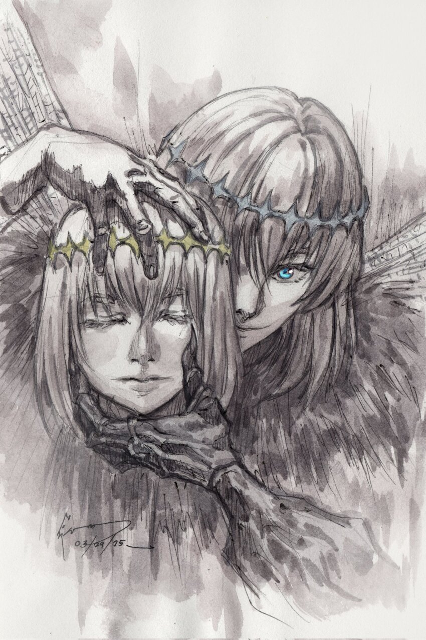 2boys arthropod_boy arthropod_limbs blue_eyes closed_eyes crown diamond_hairband disembodied_head dominic_ian_cabatit dragonfly_wings dual_persona fate/grand_order fate_(series) greyscale highres holding_detached_head insect_wings looking_at_viewer male_focus medium_hair monochrome multiple_boys oberon_(fate) oberon_(third_ascension)_(fate) smile spot_color wings