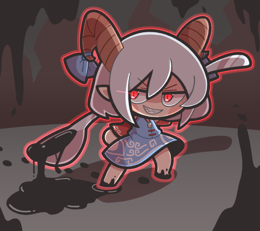 1girl baek_ban blue_dress blue_ribbon blush_stickers brown_horns chibi chibi_only detached_sleeves dress eye_trail gasoline grin hair_between_eyes holding holding_spoon horn_ornament horn_ribbon horns light_trail medium_hair outline red_eyes red_outline red_sleeves ribbon sanpaku sleeveless sleeveless_dress smile solo spoon touhou toutetsu_yuuma v-shaped_eyebrows white_hair