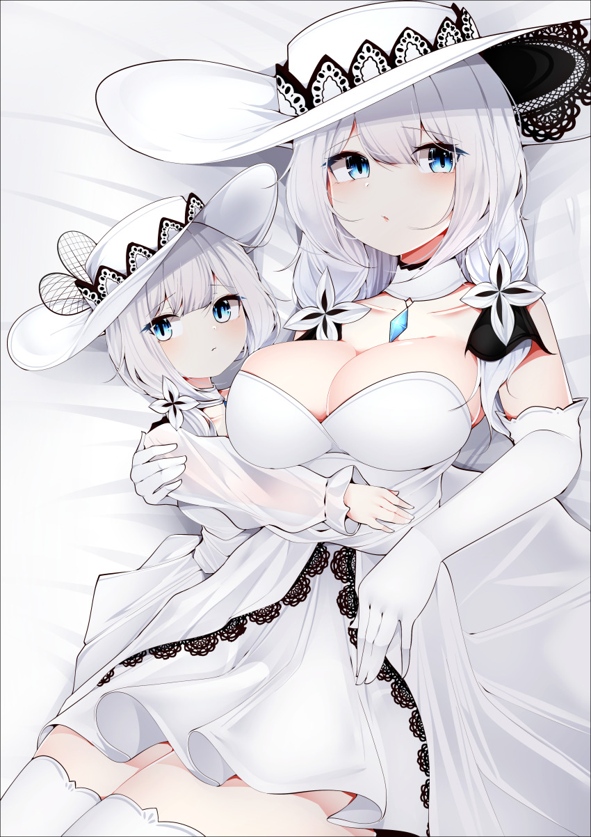 1girl absurdres azur_lane bare_shoulders blue_eyes blue_gemstone breasts cleavage collar detached_collar dress elbow_gloves flower gem gloves hat highres illustrious_(azur_lane) lace lace-trimmed_dress lace-trimmed_headwear lace_trim large_breasts little_illustrious_(azur_lane) long_hair looking_at_viewer samip see-through_clothes sleeveless sleeveless_dress strapless strapless_dress sun_hat thighhighs white_collar white_dress white_flower white_gloves white_hair white_theme white_thighhighs