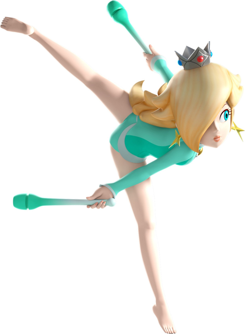 1girl 3d arms_up barefoot bent_over blonde_hair blue_eyes blue_gemstone blue_leotard breasts brooch closed_mouth crown dancing earrings expressionless feet female_focus full_body gem grey_crown hair_flaps hair_over_one_eye highres holding_juggling_club jewelry juggling_club kneepits leaning_forward leg_up legs leotard long_hair long_sleeves looking_to_the_side mario_&amp;_sonic_(series) mario_&amp;_sonic_at_the_rio_2016_olympic_games mario_(series) mini_crown nintendo official_art one_eye_covered outstretched_arms red_gemstone rosalina rosalina_(gymnastics) simple_background sleeved_leotard small_breasts solo split spread_legs standing standing_on_one_leg standing_split star_(symbol) star_earrings thighs third-party_source tiptoes white_background