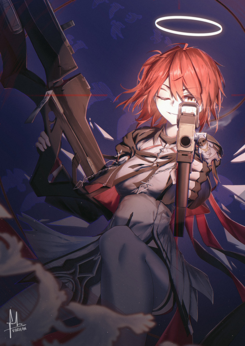 1girl absurdres aiming aiming_at_viewer arknights black_jacket black_shorts commentary dated dress dual_wielding emperor_(arknights) english_commentary exusiai_(arknights) exusiai_the_new_covenant_(arknights) gun halo highres holding holding_gun holding_weapon jacket kriss_vector looking_at_viewer medium_hair one_eye_closed one_side_up red_hair shorts signature smile solo submachine_gun thighhighs varhan_zuhair weapon white_dress white_thighhighs yellow_eyes