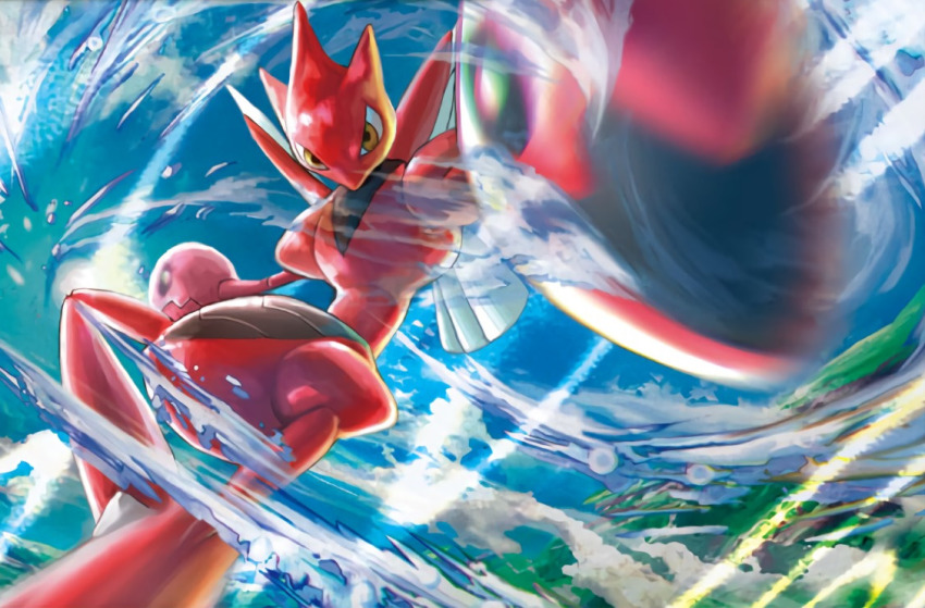 anesaki_dynamic blue_sky brown_eyes cloud cloudy_sky creature day gen_2_pokemon looking_at_viewer nintendo no_humans official_art outdoors pokemon pokemon_(creature) pokemon_tcg scizor sky solo third-party_source