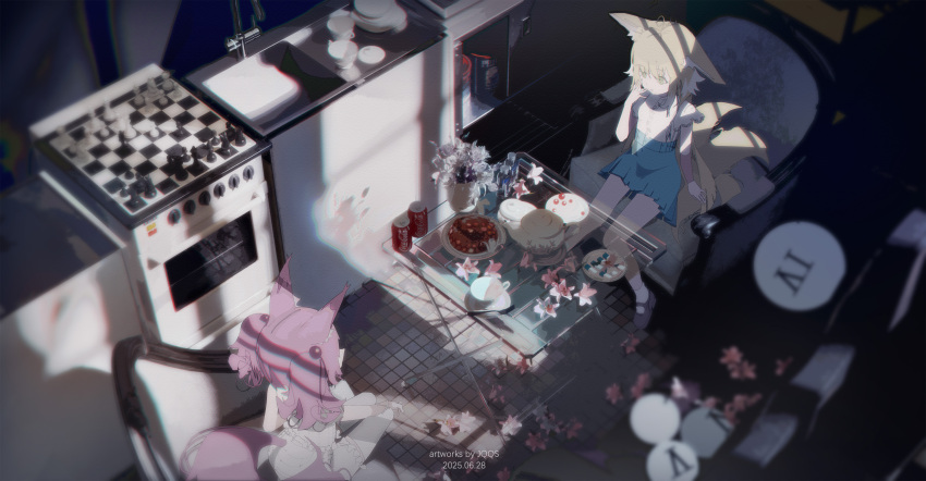 2girls absurdly_detailed_composition absurdres animal_ears arknights blonde_hair chinese_commentary commentary_request fox_ears fox_girl fox_tail green_eyes highres jqqs2002 kitsune kyuubi loaded_interior long_hair multiple_girls multiple_tails purple_hair shamare_(arknights) short_hair suzuran_(arknights) tail twintails