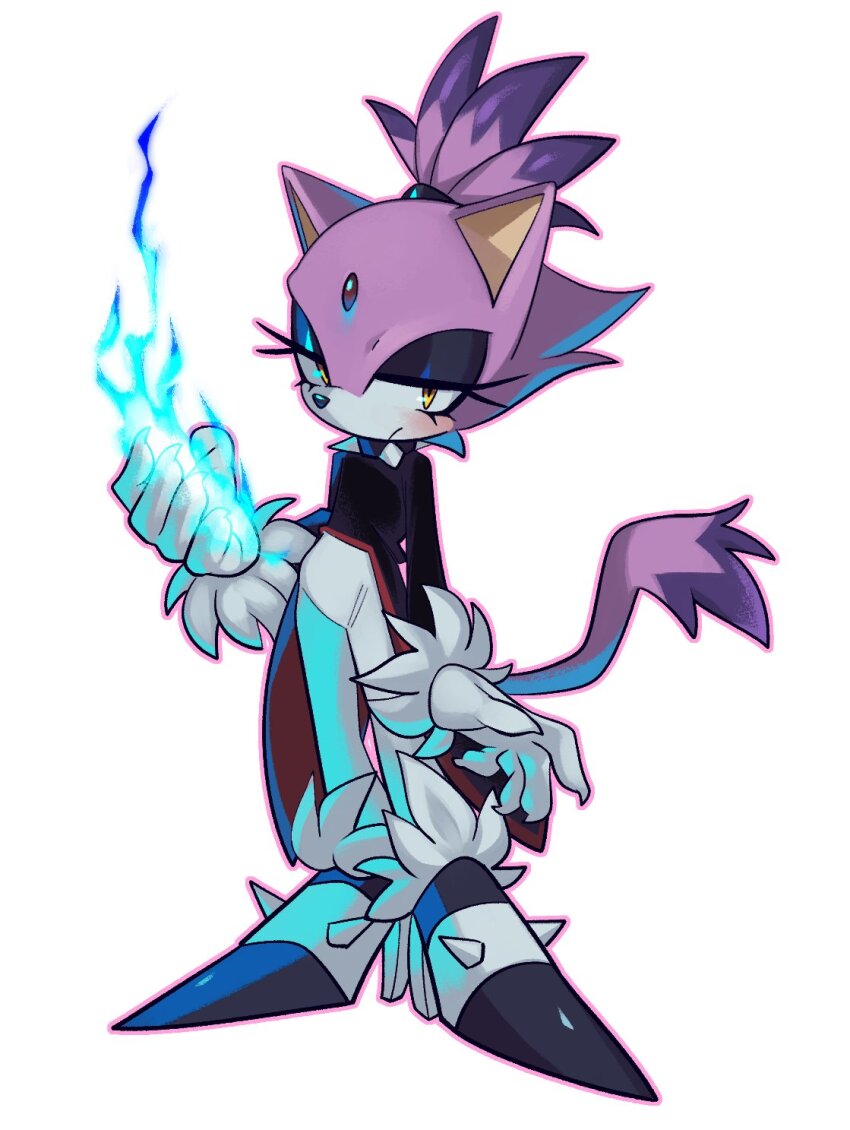 1girl animal_ears black_eyeshadow blaze_the_cat blue_fire cat_ears cat_girl cat_tail collar eyelashes eyeshadow fiinel fire forehead_jewel fur-trimmed_footwear fur-trimmed_gloves fur_trim furry furry_female gloves goth_fashion high_heels highres makeup pants ponytail purple_fur sonic_(series) spiked_collar spikes tail white_gloves white_pants yellow_eyes