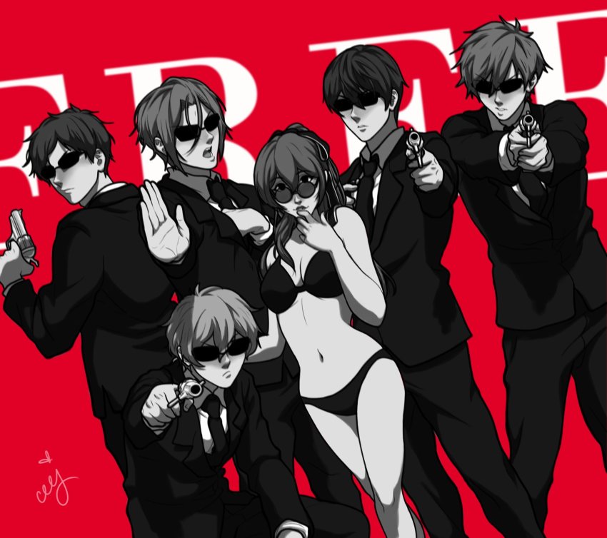 1girl 5boys bikini breasts brother_and_sister ceejles cleavage closed_mouth collared_shirt commentary copyright_name dress_shirt english_commentary finger_to_mouth formal_clothes free! future_fish gun handgun hazuki_nagisa highres holding holding_gun holding_weapon jacket long_hair long_sleeves looking_at_viewer matsuoka_gou matsuoka_rin monochrome multiple_boys nanase_haruka_(free!) navel necktie pants pistol ponytail red_background ryuugazaki_rei shirt short_hair siblings standing suit sunglasses swimsuit tachibana_makoto weapon white_shirt