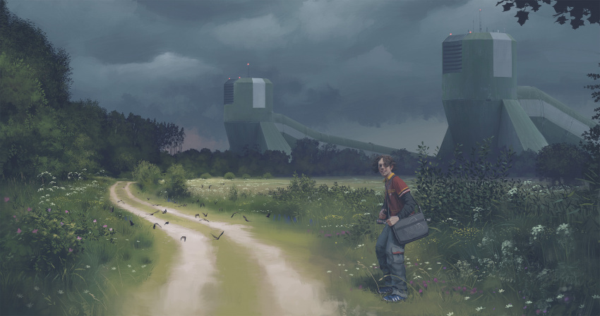 1boy absurdres bag bird brown_hair building cargo_pants cloud cloudy_sky field highres industrial messenger_bag pants plant polo_shirt science_fiction shoes short_hair shoulder_bag simon_stalenhag sky sneakers swedish_machines tree very_short_hair