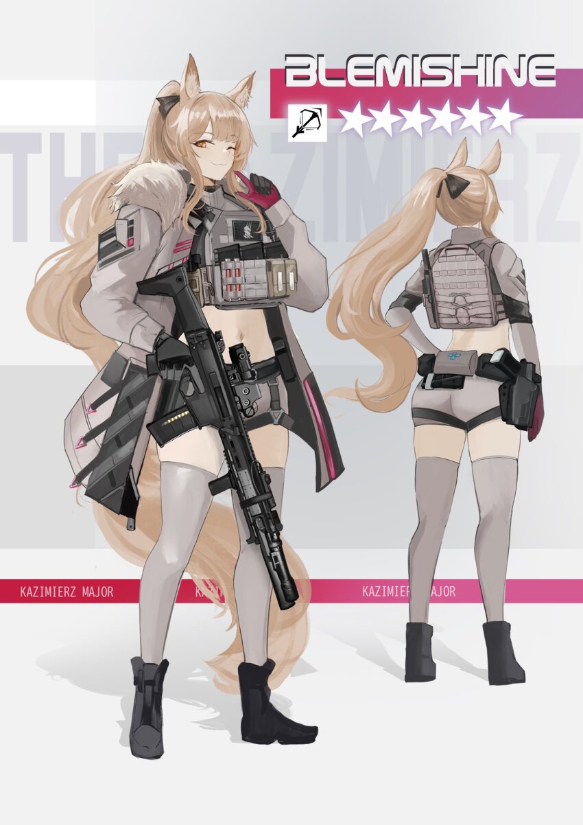 1girl ammunition_pouch animal_ear_fluff animal_ears arknights arktic assault_rifle black_boots blemishine_(arknights) blonde_hair body_armor boots bow bulletproof_vest coat english_text fb_msbs_grot foregrip fur-trimmed_coat fur_trim grey_thighhighs gun hair_bow highres holding holding_gun holding_weapon horse_ears horse_girl horse_tail laser_sight load_bearing_vest long_hair long_sleeves optical_sight overcoat ponytail pouch rifle shorts smile tactical_clothes tail thighhighs vertical_foregrip weapon yellow_eyes