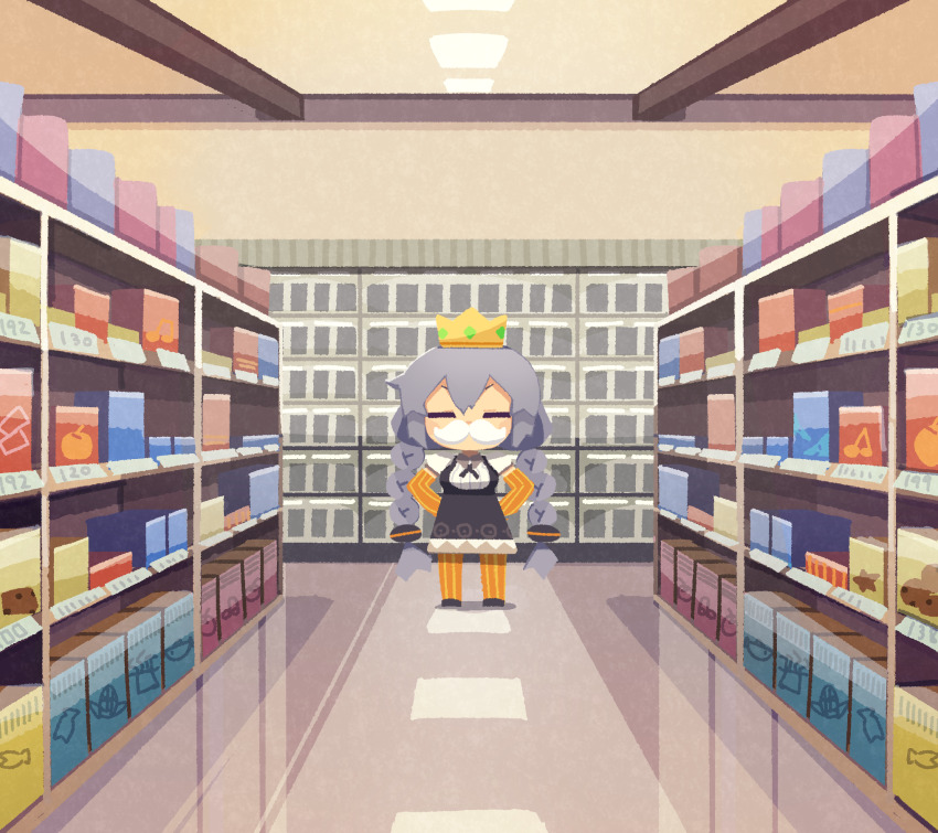 1girl =_= aisle black_dress blush_stickers braid chibi collared_shirt commentary cross_tie crown dress facing_viewer fake_facial_hair fake_mustache gloves grey_hair hands_on_own_hips highres indoors king kizuna_akari konohoshi long_hair orange_gloves orange_pantyhose pantyhose puffy_short_sleeves puffy_sleeves reflective_floor ribbed_shirt shelf shirt shop short_sleeves solo standing striped_clothes striped_gloves striped_pantyhose supermarket twin_braids v-shaped_eyebrows vanishing_point vertical-striped_clothes vertical-striped_gloves vertical-striped_pantyhose very_long_hair vocaloid voiceroid white_shirt wide_shot