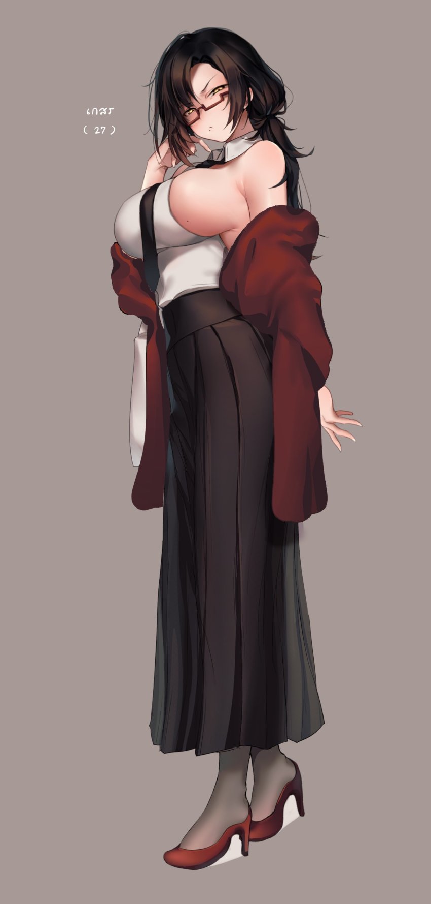 1girl absurdres allze bag bare_shoulders black_necktie breasts brown_hair brown_skirt collared_shirt full_body glasses handbag high_heels highres large_breasts long_hair necktie off_shoulder original pantyhose red_footwear red_sweater semi-rimless_eyewear shirt sideboob skirt sleeveless sleeveless_shirt sweater white_shirt yellow_eyes