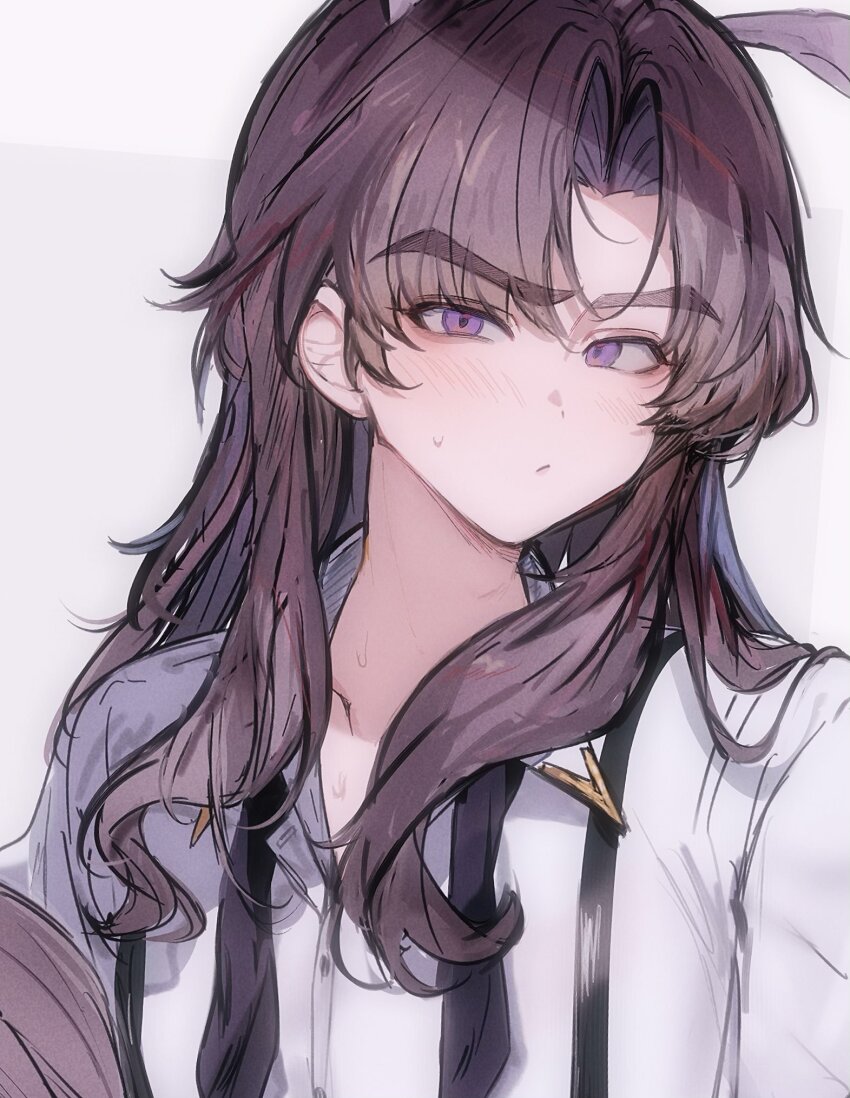 1boy ayase_ayato_(imamiya_pinoko) blush brown_hair closed_mouth collarbone collared_shirt commentary highres imamiya_pinoko long_hair looking_at_viewer male_focus original purple_hair shirt solo suspenders sweatdrop symbol-only_commentary thick_eyebrows trap unfinished upper_body white_shirt