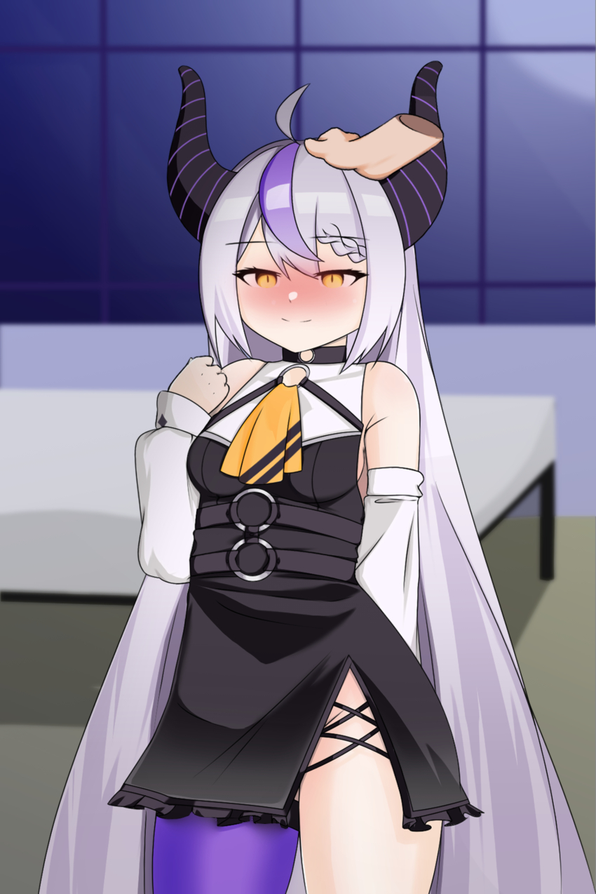 1girl absurdres ahoge armpit_crease asymmetrical_legwear blush braid braided_bangs breasts choker detached_sleeves dress embarrassed gluteal_fold halterneck hand_on_another&#039;s_head hand_up headpat highres hololive horns la+_darknesss long_hair o-ring o-ring_choker purple_hair side_slit small_breasts smile spookm standing thighhighs thighs very_long_hair white_hair yellow_eyes