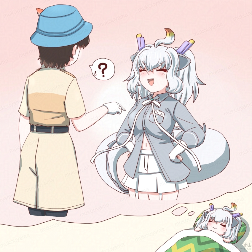 1girl ? animal_ears blush breast_expansion breast_pocket breasts bucket_hat captain_(kemono_friends) dragon_ears dragon_girl dragon_horns dragon_tail dreaming ear_tufts extra_ears fingerless_gloves futon garter_straps gloves hair_between_eyes hat hat_feather highres horns japari_symbol kemono_friends kemono_friends_3 large_breasts long_hair long_tail mukouyama_mu multicolored_hair multicolored_horns navel open_mouth pillow pocket purple_horns scale_print shirt skirt sleeping smile spoken_question_mark tail white_dragon_(kemono_friends) white_hair yellow_horns