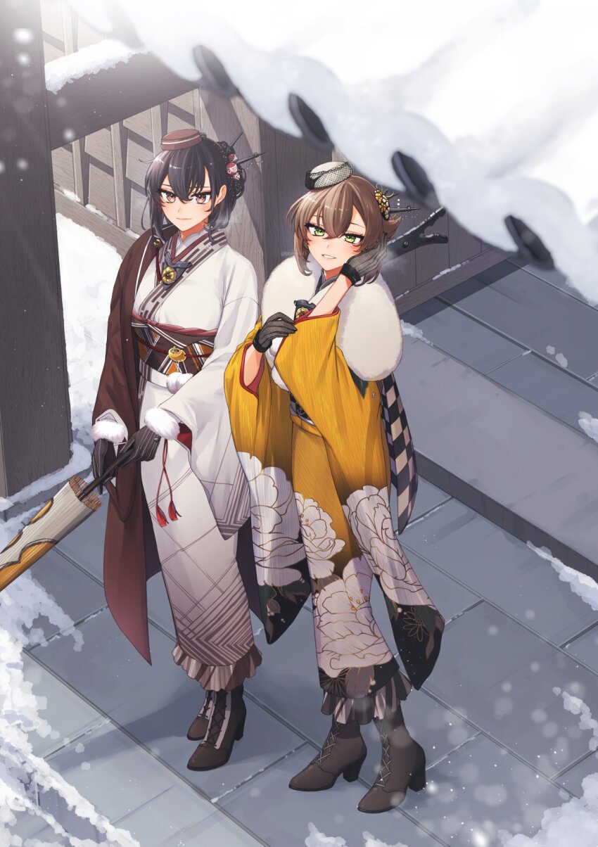 black_hair blush boots brown_eyes brown_hair closed_mouth closed_umbrella floral_print fur_collar gloves green_eyes hat high_heel_boots high_heels highres holding holding_umbrella japanese_clothes kantai_collection kimono machi_(ritovoyage) multiple_girls multiple_views mutsu_(kancolle) mutsu_(new_year)_(kancolle) nagato_(kancolle) new_year oil-paper_umbrella one_eye_closed short_hair snow standing umbrella wide_sleeves
