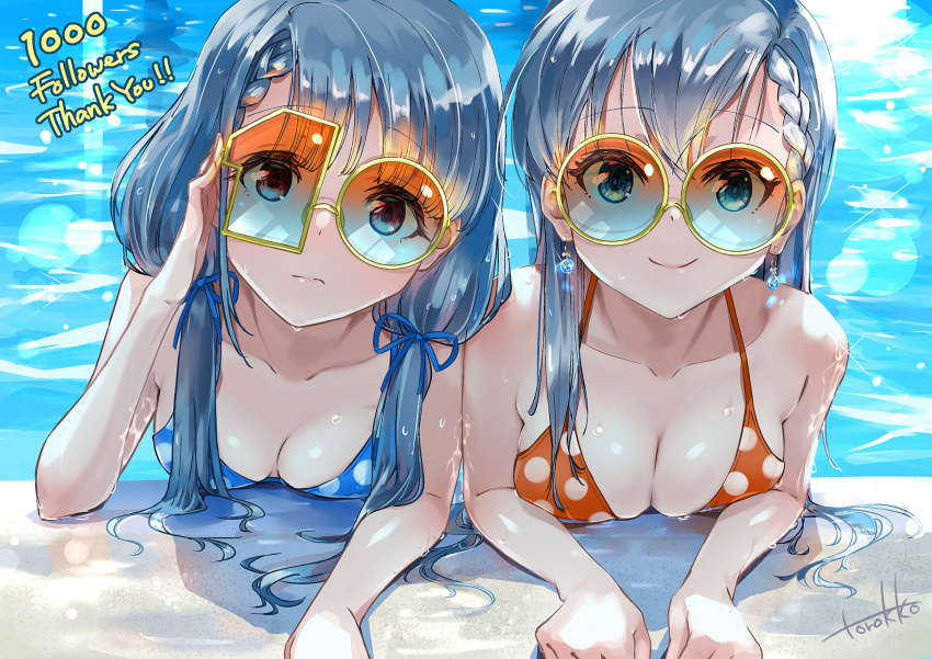 2girls adjusting_eyewear arm_support bikini blue-tinted_eyewear braid braided_bangs breast_press day earrings grey_hair hair_ribbon hand_on_eyewear hand_up head_tilt highres hisakawa_hayate hisakawa_nagi idolmaster idolmaster_cinderella_girls idolmaster_cinderella_girls_starlight_stage jewelry lens_flare looking_at_viewer multiple_girls orange-tinted_eyewear partially_submerged polka_dot polka_dot_bikini pool ribbon siblings signature smile sunglasses swimsuit tinted_eyewear torokko wet