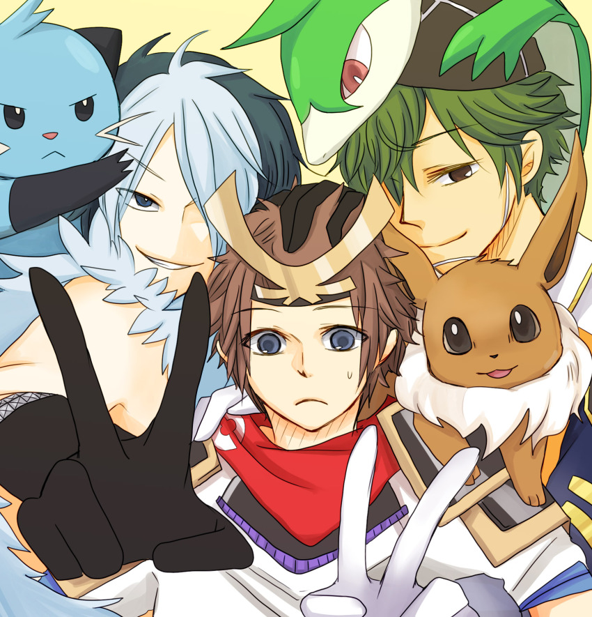 arm_around_shoulder armor blue_eyes brown_hair chen_(1717) chosokabe_motochika dewott eevee fur_collar fur_trim gen_1_pokemon gen_5_pokemon gloves green_hair hand_on_another&#039;s_head hat headdress hero_(pokemon_conquest) highres japanese_clothes looking_at_viewer mouri_motonari multicolored_hair nintendo on_head on_shoulder pokemon pokemon_(creature) pokemon_conquest pokemon_on_head pokemon_on_shoulder scarf sengoku_musou servine smile sweatdrop two-tone_hair v