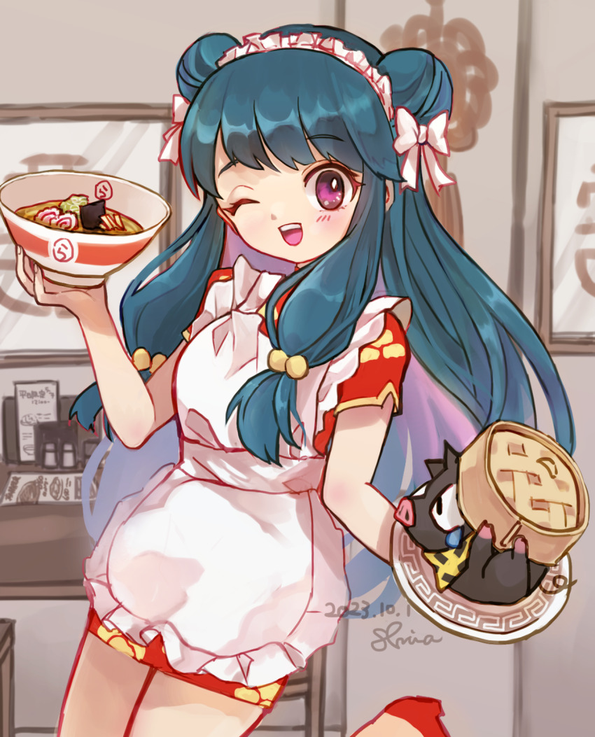 1girl apron chinese_clothes double_bun eyeshadow hair_bun highres long_hair makeup p-chan purple_hair ranma_1/2 shampoo_(ranma_1/2) sidelocks white_apron