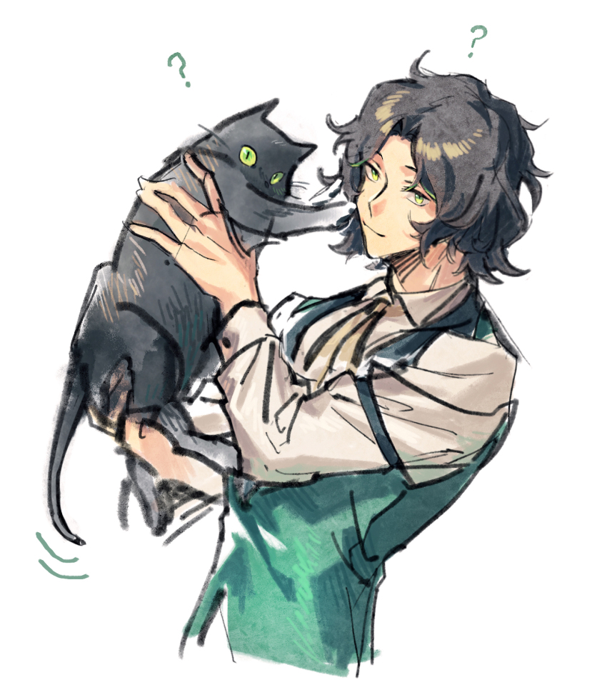 1boy animal black_hair cat closed_mouth fire_emblem fire_emblem_engage green_eyes hahahashagi highres holding long_sleeves looking_at_viewer louis_(fire_emblem) male_focus nintendo shirt short_hair simple_background solo vest white_background white_shirt