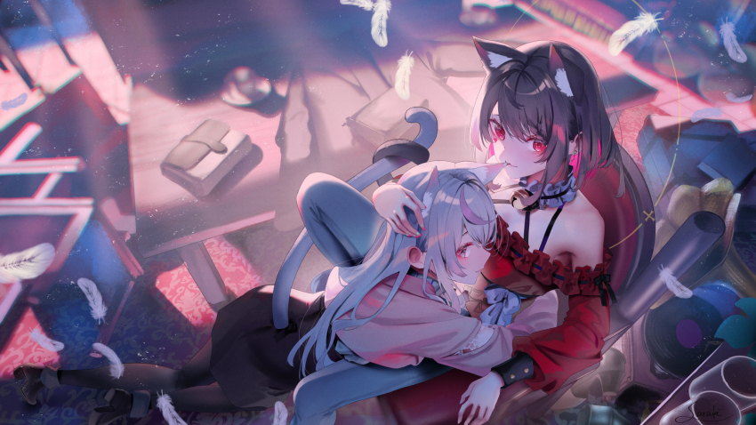 2girls animal_ears armchair bag biting biting_ear black_footwear black_hair black_pantyhose black_skirt cat_ears cat_girl cat_tail chair clothing_cutout commentary_request cup feathers frilled_shirt frills grey_hair hair_between_eyes handbag high_heels highres indoors intertwined_tails long_hair long_sleeves multicolored_hair multiple_girls off-shoulder_shirt off_shoulder on_chair original pantyhose pink_hair pink_shirt red_eyes red_shirt ribbon-trimmed_shirt ribbon_trim saraki saucer shirt shoes sitting skirt tail tail_through_clothes teacup two-tone_hair very_long_hair vinyl_record white_feathers