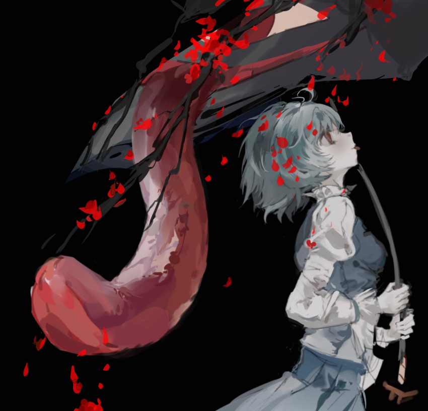 1girl black_background blue_hair blue_skirt blue_vest dated_commentary falling_petals frilled_shirt_collar frills from_side highres holding holding_umbrella juliet_sleeves karakasa_obake long_sleeves long_tongue pale_skin petals profile puffy_sleeves red_eyes red_petals revision sesmkun short_hair simple_background skirt skirt_set smile solo tatara_kogasa tongue tongue_out touhou umbrella vest