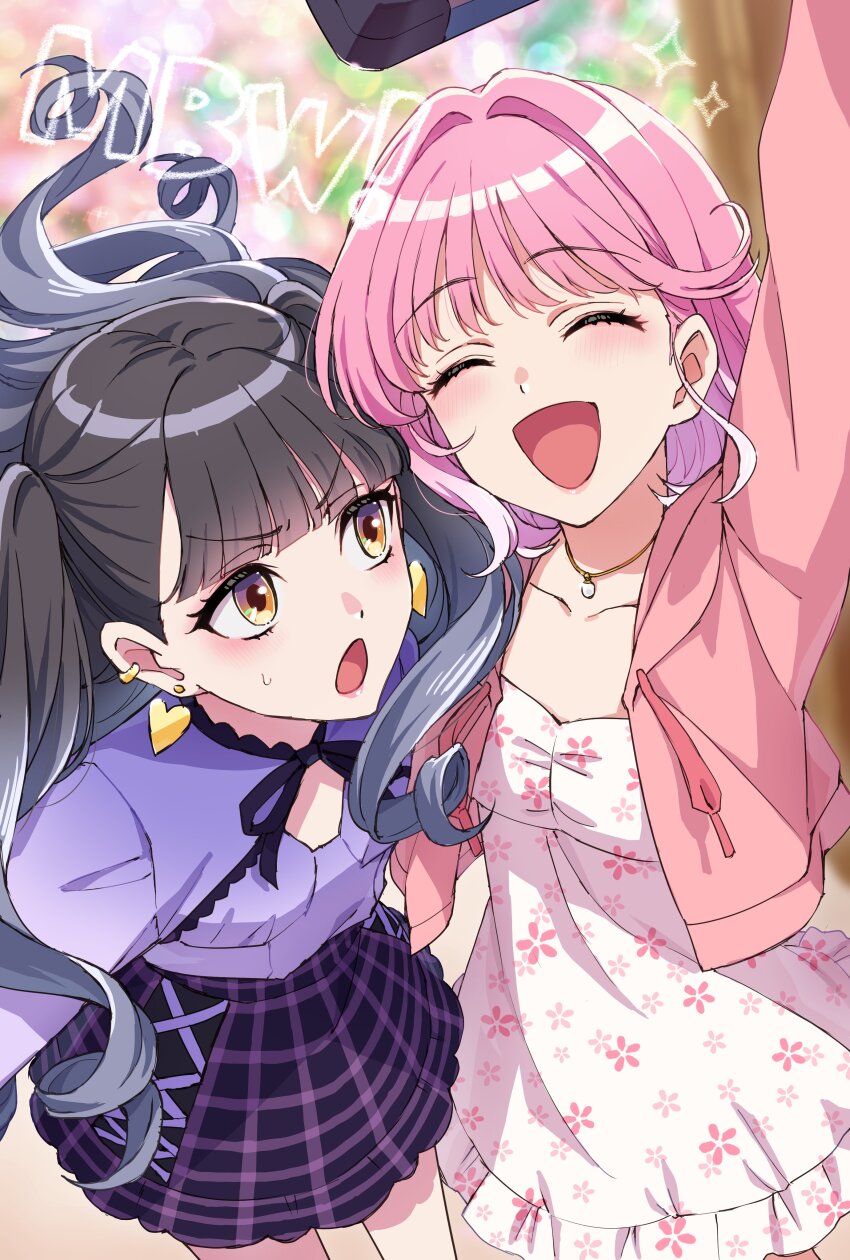 2girls absurdres akagi_yuina black_hair closed_eyes colorful_background copyright_name dress ear_piercing earrings floral_print floral_print_dress heart heart_earrings highres hood hooded_jacket jacket jewelry looking_at_another maebashi_witches multiple_girls necklace niisato_azu open_clothes open_jacket open_mouth piercing pink_hair pink_jacket plaid_clothes plaid_skirt print_dress purple_shirt selfie shirt skirt smile somechime_(sometime1209) sparkle sparkling_aura twintails yellow_eyes