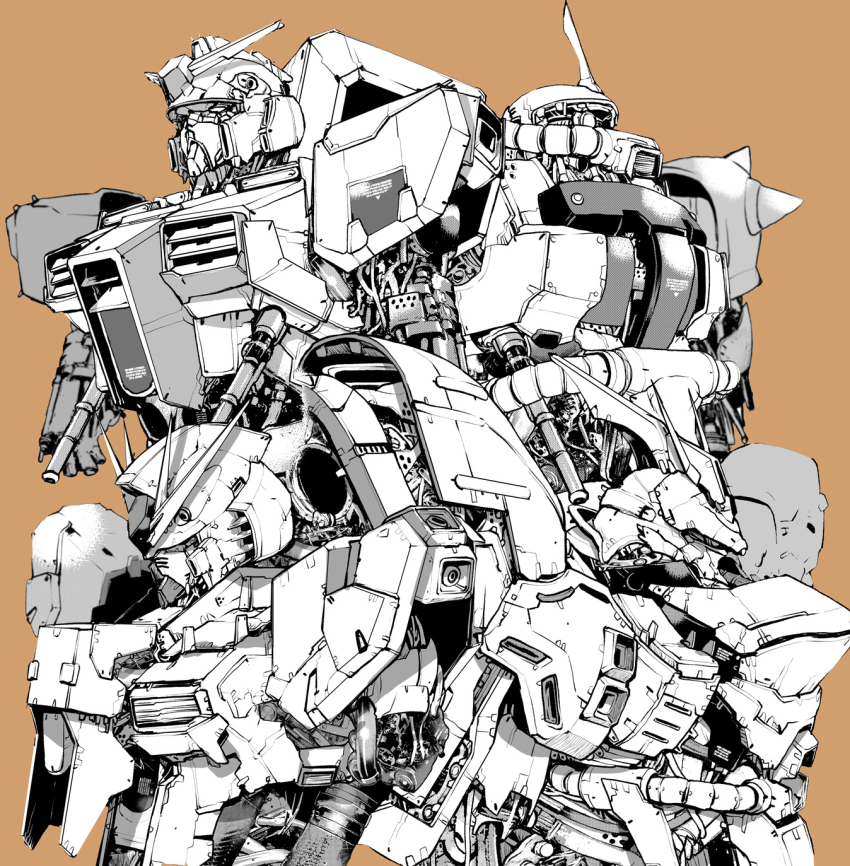 char&#039;s_counterattack greyscale_with_colored_background gundam highres looking_to_the_side mecha mobile_suit mobile_suit_gundam no_humans nu_gundam one-eyed orange_background robot rx-78-2_gundam sazabi science_fiction shoulder_spikes spikes takuma_tomomasa upper_body v-fin zaku_ii_s_char_custom