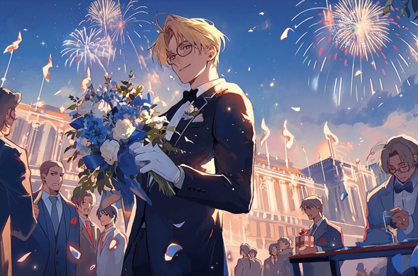 6+boys ahoge alcohol america_(hetalia) axis_powers_hetalia back black-framed_eyewear black_bow black_bowtie black_eyes black_hair black_jacket black_pants blonde_hair blood blood_from_mouth blue_bow blue_bowtie blue_eyes blue_flower blue_jacket blue_necktie blue_sky blue_vest bouquet bow bowtie box brown_hair building buttons canada_(hetalia) china_(hetalia) closed_eyes closed_mouth collared_shirt cowboy_shot cup drinking_glass en_llll evening fireworks flower formal_clothes france_(hetalia) germany_(hetalia) gift gift_box glasses gloves green_eyes grey_hair grey_jacket grey_scarf highres holding holding_bouquet holding_box hong_kong_(hetalia) jacket japan_(hetalia) lapels lithuania_(hetalia) long_hair long_sleeves looking_at_another looking_at_viewer low_ponytail male_focus multiple_boys necktie no_eyes northern_italy_(hetalia) open_clothes open_jacket outdoors pants petals ponytail red_necktie red_ribbon ribbon rose russia_(hetalia) scarf semi-rimless_eyewear shirt short_hair sitting sky smile standing suit suit_jacket table teeth united_kingdom_(hetalia) vest white_flower white_gloves white_rose white_shirt wine