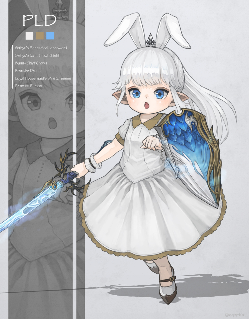 1girl animal_ears blue_eyes dress english_text fake_animal_ears final_fantasy final_fantasy_xiv flat_chest full_body glowing glowing_weapon gold_trim high_heels highres holding holding_shield holding_sword holding_weapon lalafell long_bangs looking_at_viewer multiple_views open_mouth paladin_(final_fantasy) pointy_ears ponytail puluie rabbit_ears scrunchie shadow shield simple_background standing standing_on_one_leg sword tiara tiptoes warrior_of_light_(ff14) weapon white_dress white_hair wrist_scrunchie