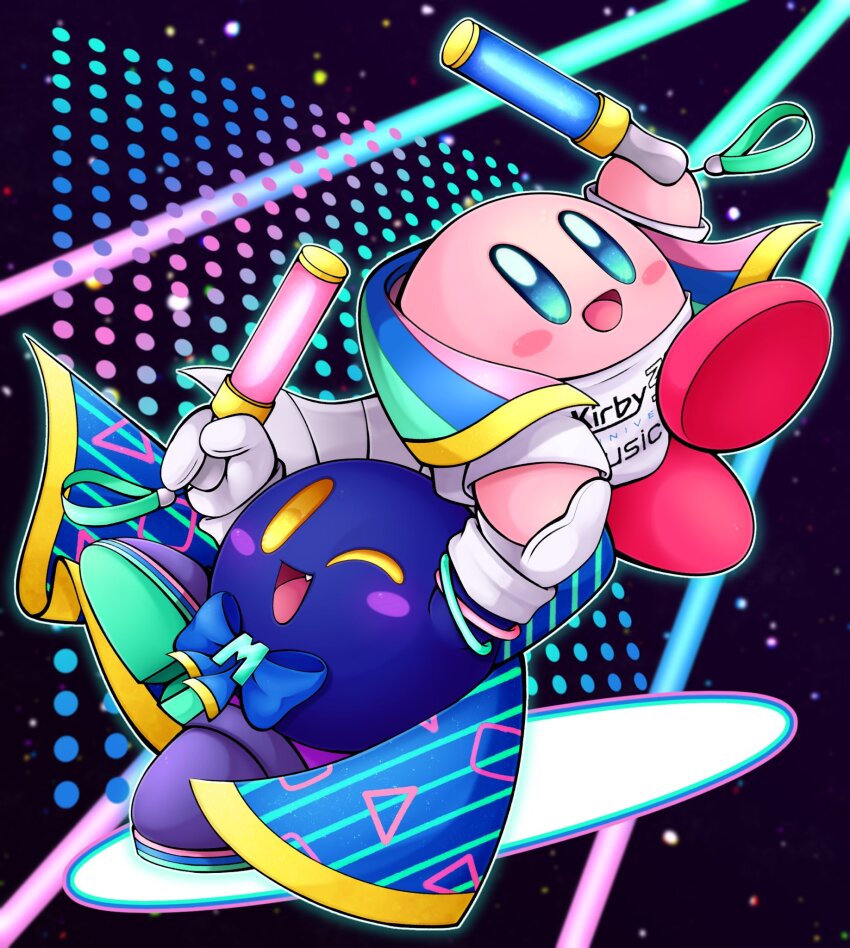 blue_bow blue_bowtie blue_skin blush_stickers bow bowtie cape colored_skin gloves glowstick highres holding holding_glowstick kirby kirby_(series) kirby_30th_anniversary_music_festival meta_knight nintendo no_humans one_eye_closed outline pink_skin shirt slys_(jesterdysphoria) smile white_gloves white_outline white_shirt yellow_eyes